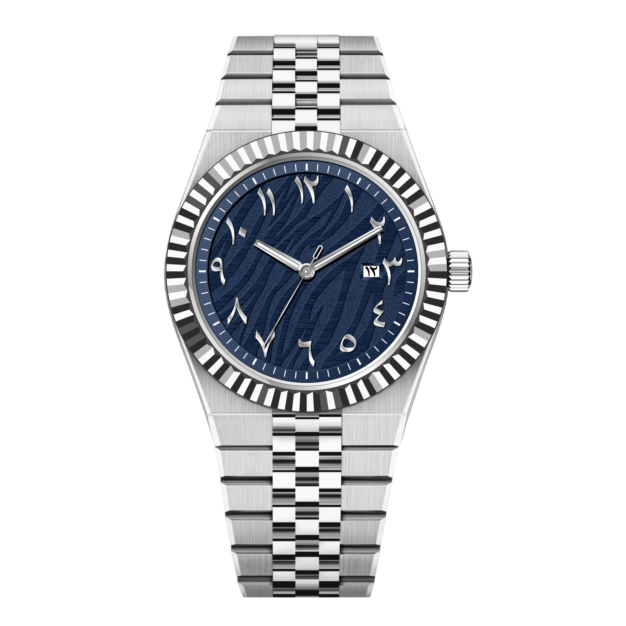 AZLAN Silver Blue โ Menโs Silver Steel Sunburst Blue Dial Premium Watch