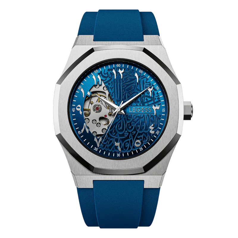 Front view of a menโs automatic watch with a blue Arabic dial and skeleton numerals